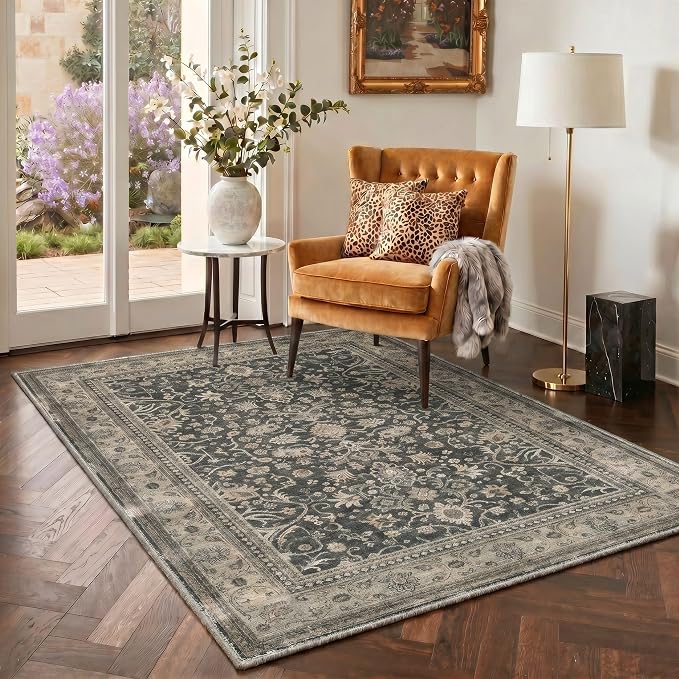 Bavni Washable Rugs 8x10, Machine Washable Rug Lightweight Low Pile, Oriental Floral Vintage Rug Non-Shedding Distressed Throw Carpet for Living Room Bedroom Office, Dusty Charcoal
