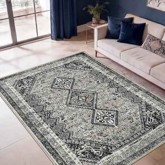 Keen Home Design 5x7 Rug - Machine Washable Area Rug with Non-Slip Backing, Ideal for Living Room, Dining Room, Bedroom - Vintage, Easy Clean, Durable, Low Pile Rug - (5' x 7')
