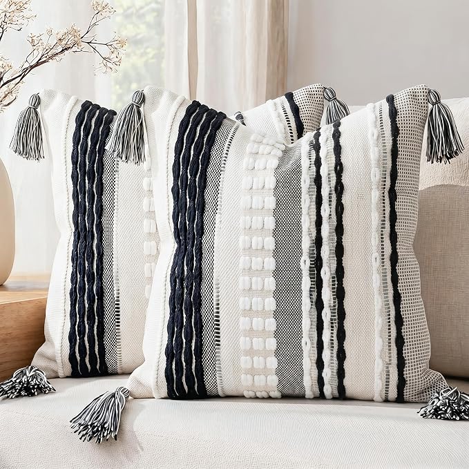 NUYECY Boho Throw Pillow Covers 18x18 Aesthetic Neutral Boucle Couch Pillow Cover Rainbow Striped Decorative Accent Pillow Case for Couch Bed Sofa Farmhouse,Modern Funky,Set of 2 Black and White