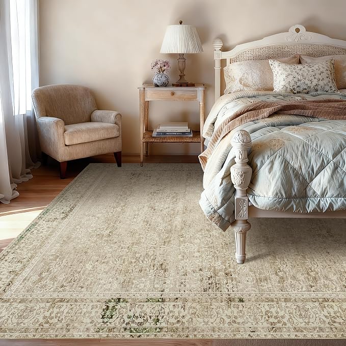 BILEEHOME Neutral Area Rugs 8x10 for Living Room,Boho Washable Earth Tone Vintage Floral Modern Farmhouse Bedroom Dining Room Rug Under Table,Cream Beige Tan Brown