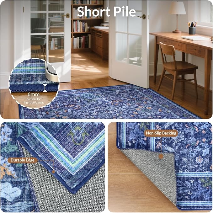 GENIMO 8x10 Washable Area Rugs for Living Room, Non Slip, Blue | Vintage Boho Floral Low Pile Thin Carpet for Bedroom, Dining Room, Nursery, Indoor Decor