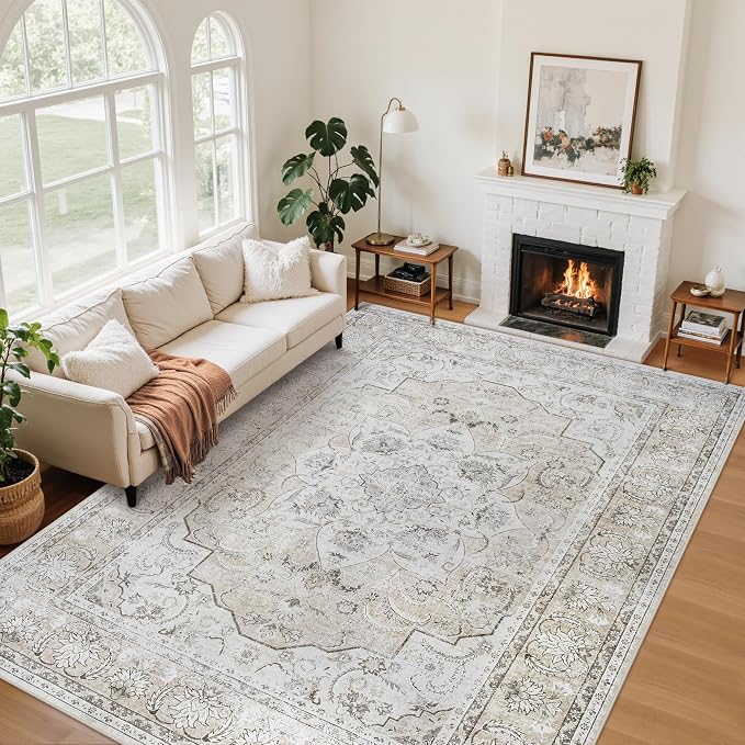 6x9 Area Rugs for Living Room:Beige Washable Vintage Medallion Carpet Non-Slip Soft Low Pile Large Rugs Indoor Retro Rug for Bedroom Nursery Dining Table Office Home(Beige White, 6'x9')