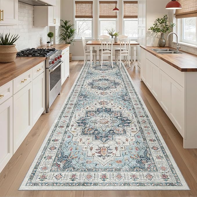 Madane Hallway Runner Rug 3x12 Washable Kitchen Runners 12ft, Blue | Vintage Non Slip Area Rugs for Hallways, Soft Low-Pile Thin Farmhouse Wide Floor Carpet for Entryway Foyer Bathroom Bedroom