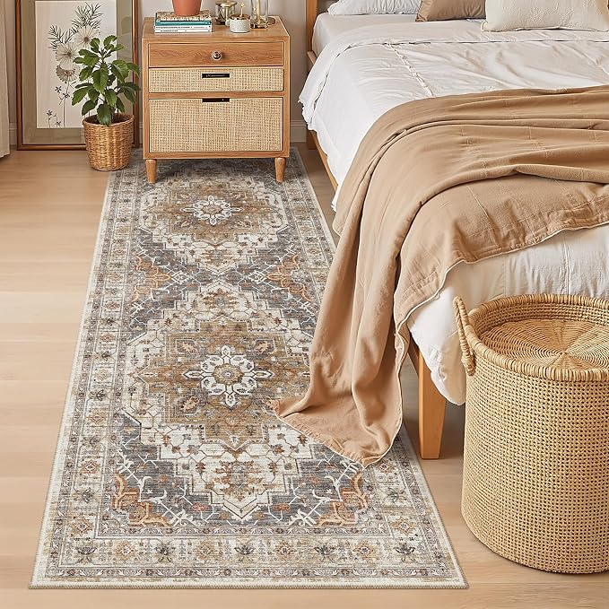 Madane Hallway Runner 3x8, Kitchen Rugs Washable Entryway Rug Vintage Kitchen Runners Non Slip Indoor Area Rug Farmhouse Carpet Runner for Bathroom Living Room Bedroom (3 X 8, Turmeric/Grey)