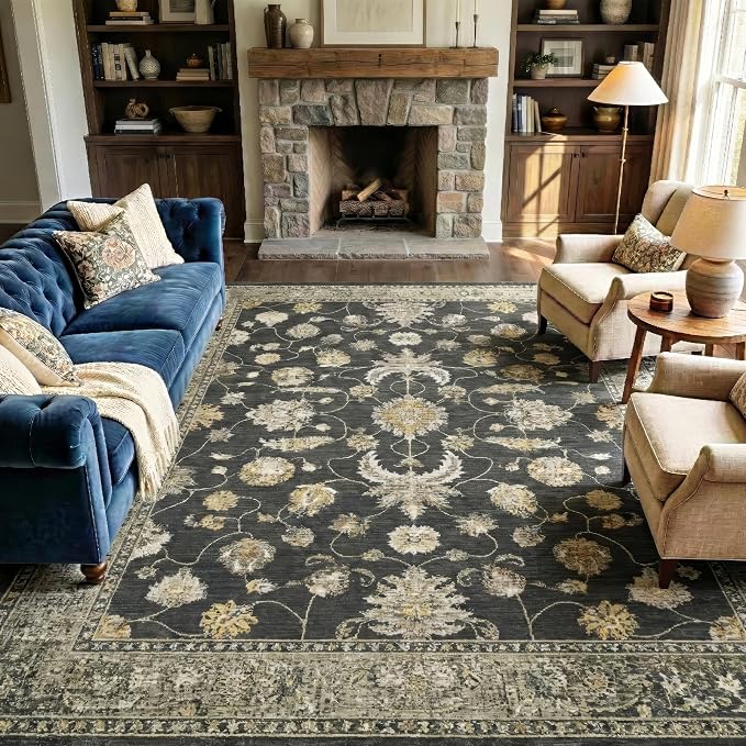 10x14 Area Rug for Living Room-Vintage Farmhouse Boho Floral Washable Stain Resistant Indoor Carpet for Bedroom Office and Home Decor(Black&Gold)
