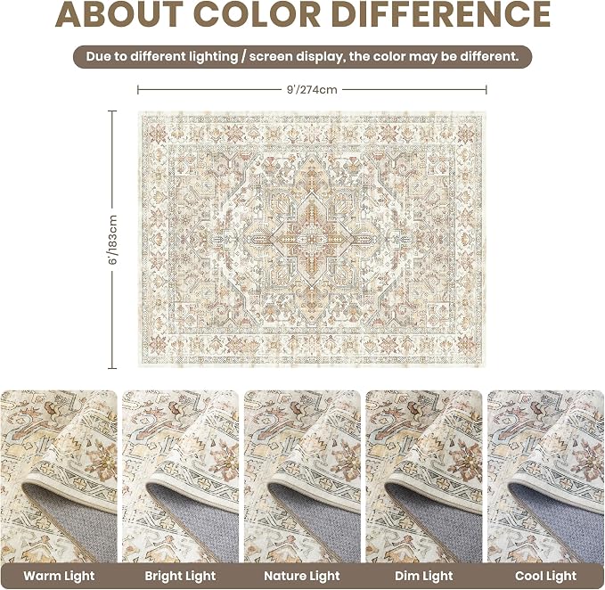 zesthome Area Rugs 6x9, Large Rugs for Living Room, Stain Resistant Washable Rug, Rugs for Bedroom with Non Slip Backing, Ultra-Thin Vintage 6x9 Area Rug