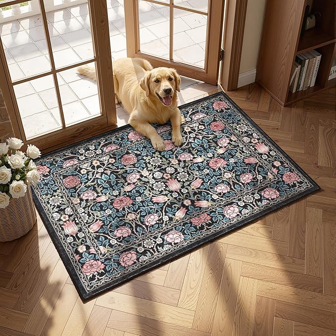 GarveeHome Indigo Blue 2.5x8 Runner Rug Washable Kitchen Rugs Non Slip Vintage Floral Boho Long Rug for Hallways Bedroom Entryway Bathroom Mat TPE Backing