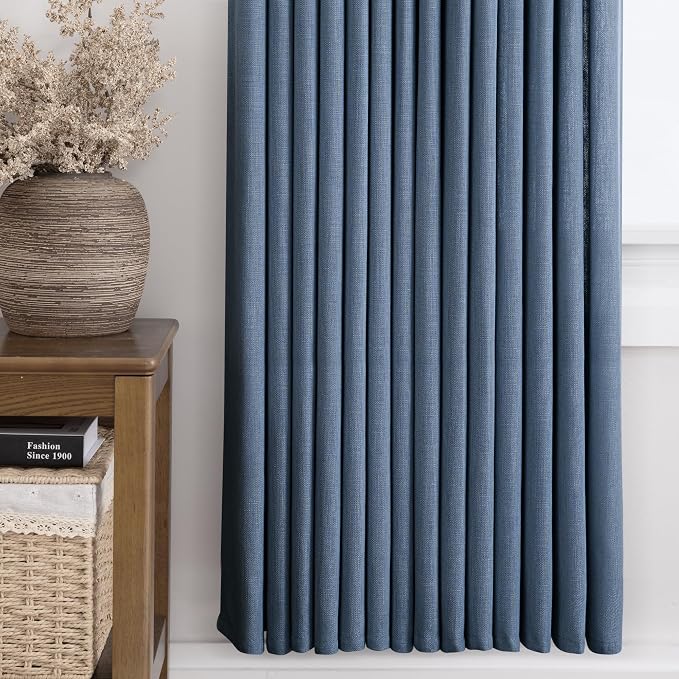 Pinch Pleated Navy Blue Curtains 72 inches Long 2 Panels for Living Room Textured Semi Sheer Pleat Linen Drapes 72 Inch Length with Hooks Navy Sliding Glass Door Light Filtering Curtain