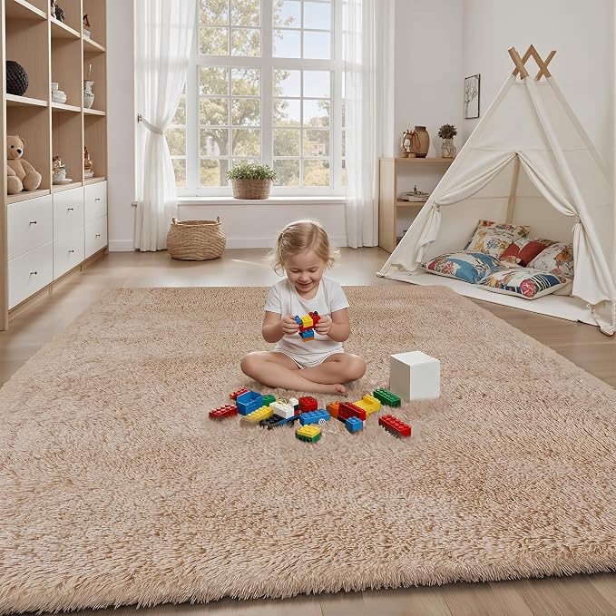 Area Rug for Living Room Bedroom: 5x7 Camel Soft Fluffy Shag Upgrade Non-Slip High Pile Carpet Large Fuzzy Plush Indoor Floor Decor Shaggy Rug for Kid Boys Girls Dorms Playroom Nursery Modern Home
