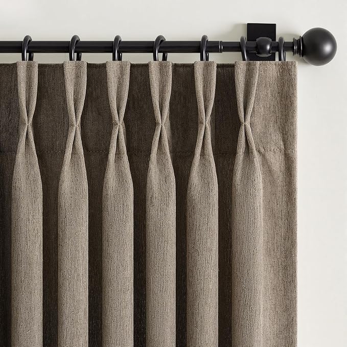 Pinch Pleated Linen Curtains 108 Inches Long for Living Room 2 Panels Set Dark Flax Pleat Drapes Back Tab Semi Sheer Fall Cozy Boho Ceiling to Floor 108 Inch Curtains for Bedroom Window,9FT