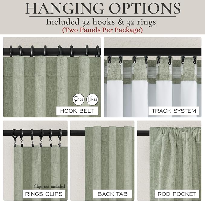 Sage Green Blackout Linen Curtains 84 Inches Long for Living Room Bedroom, Pleated Window Track Curtain with Pin Hooks Belt Boho Light Green Drapes Thermal Insulated (50"Wx84"Lx2Panels) Back Tab