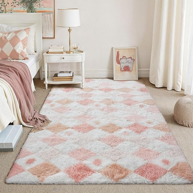 PureCozy Checkered Rug 4x6 Fluffy Shag Living Room Pink Area Rug Modern Washable Carpet Soft Shaggy Non Slip Indoor Plush Fuzzy Rugs for Bedroom Dorm Office Home Aesthetic Decor