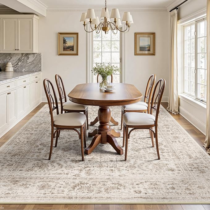 8x10 Area Rugs for Living Room, Washable Vintage Retro Floral Rug, Low Pile Non Slip Distressed Large Carpet for Bedroom, Dining Room, Office, Home (Light Brown)