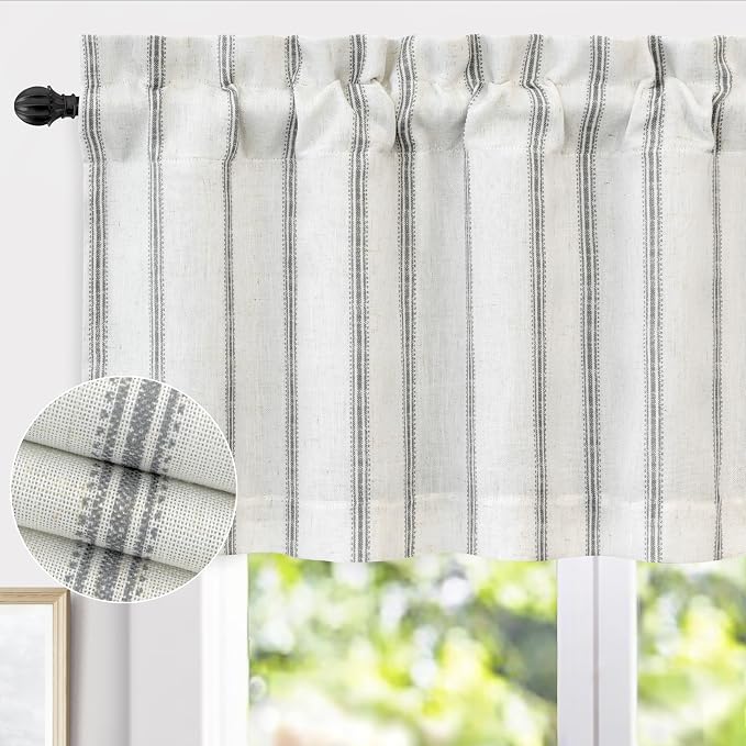 DriftAway Farmhouse Linen Lined Valance Double Layer Thermal Insulated Room Darkening Blackout Window Valances 3 Inch Rod Pocket Vertical Striped Kitchen Valance for Bathroom Single 52 x 24 Inch Gray