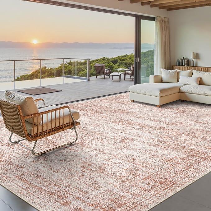 Soalmost Washable Area Rug 8x10, Large Soft Rugs for Living Room Vintage Area Rugs for Bedroom Dining Room Non-Slip Stain Resistant Pink Under Table Rug
