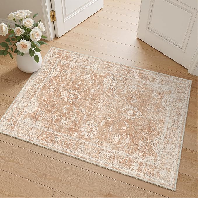 Madane 2x3 Washable Rugs for Entryway, Low Pile Non-Slip Small Area Rug Kitchen Door Mat, Vintage Soft Throw Neutral Rug Floor Mat for Indoor Front Entrance Bathroom Hallway (2 x 3, Jasper Orange)