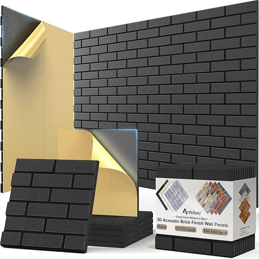 24Pack Acoustic Panels, Self-Adhesive Brick Sound Proof Foam Panels for Walls, High Density Soundproof Wall Panels, Sound Absorbing Panels for Recording Studios, Offices, Home, 12"×12"×0.4", Black