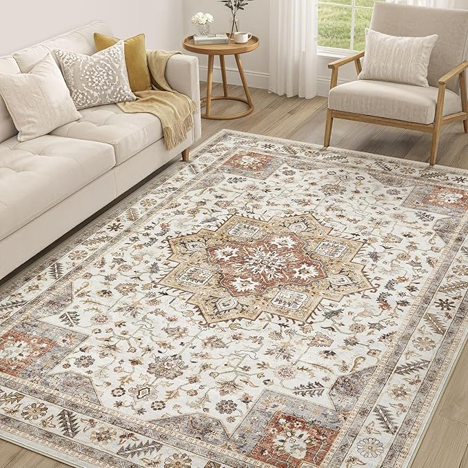 Vintage Living Room Area Rug 7x9 - Large Soft Washable Oriental Traditional Distressed Farmhouse Rugs for Bedroom - Indoor Floor Accent Carpet for Home Office House Decor - Golden Taupe