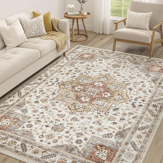 Vintage Living Room Area Rug 5x7 - Large Soft Washable Oriental Traditional Distressed Farmhouse Rugs for Bedroom - Indoor Floor Accent Carpet for Home Office House Decor - Golden Taupe