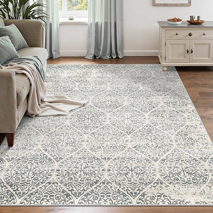 Soalmost 6x9 Area Rugs for Living Room, Washable Moroccan Trellis Soft Rug | Non-Slip Low Pile Rug Soft Throw Carpet for Dining Room Bedroom Home Office Nursery Grey, 6'x9'