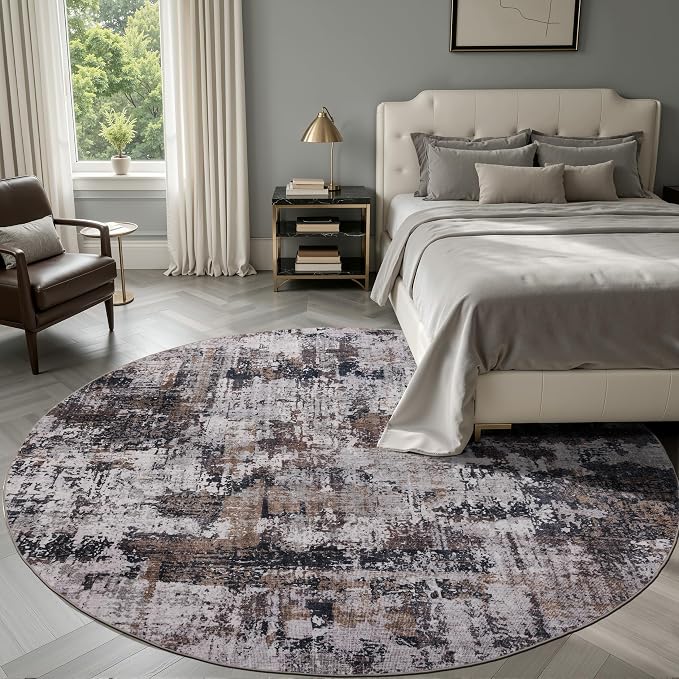 Sasttie 6ft Soft Round Area Rug, Modern Abstract Washable Circle Carpet for Living Room, Bedroom, Dining Room Table, with Non-Slip Backing, Black and Brown