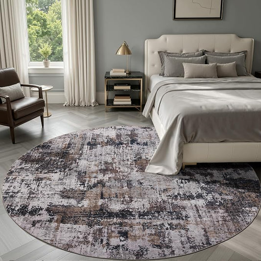 Sasttie 6ft Soft Round Area Rug, Modern Abstract Washable Circle Carpet for Living Room, Bedroom, Dining Room Table, with Non-Slip Backing, Black and Brown