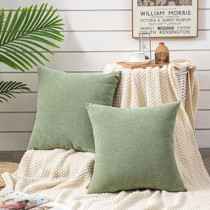 GAWAMAY Decorative Square Throw Pillow Covers 22"x22" Inch Set of 2, Super Soft Chenille Pillows Farmhouse Fall Pillowcase for Living Room Bedroom Sofa Couch Cushion Cover Sage Green 55x55cm