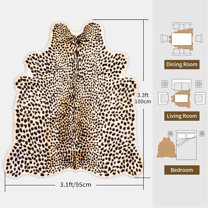 Leopard Rug Cheetah Print Carpet - Animal Printed Skin Area Rug Faux Fur Hide Room Decor for Bedroom Living Room 3.1x3.3ft