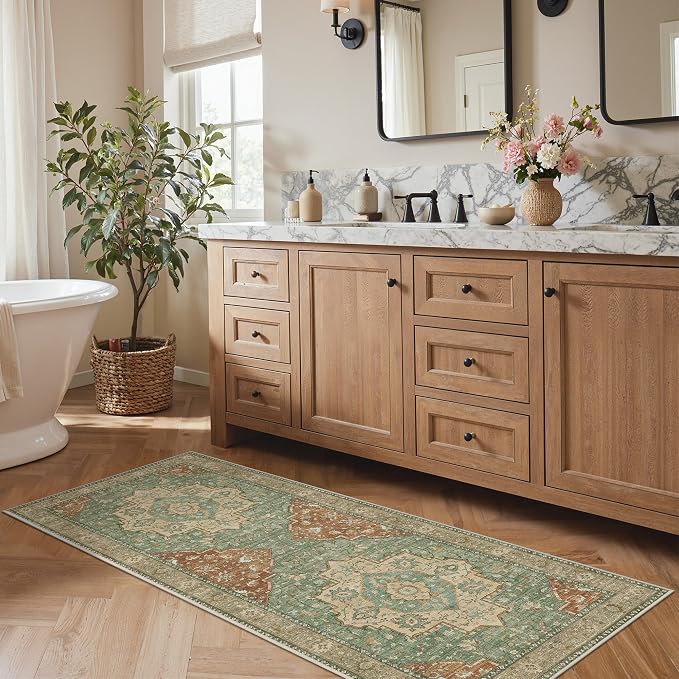 GENIMO Runner Rug 2'6"x8 Machine Washable Non Slip Vintage Hallway Runner Rug, Low Pile Lightweight Rugs for Indoor Entryway, Hallway, Kitchen and Corridor, Reddish Brick & Light Green