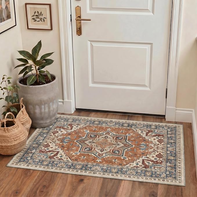 GENIMO 2x3 Rug Machine Washable Low Pile Indoor Entryway Mat for Kitchen Entrance Front Door Bathroom with Non Slip Backing Floral Medallion Dusty Terracotta