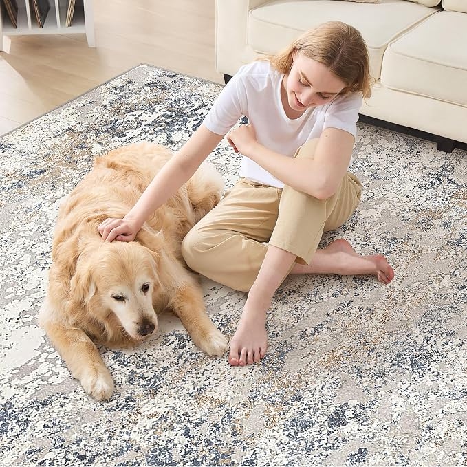 DMOYEST Square Area Rug Living Room Rugs - 8x8 Washable Large Soft Indoor Neutral Modern Abstract Low Pile Rug Carpet for Bedroom Dining Room Farmhouse Home Office - Beige Blue