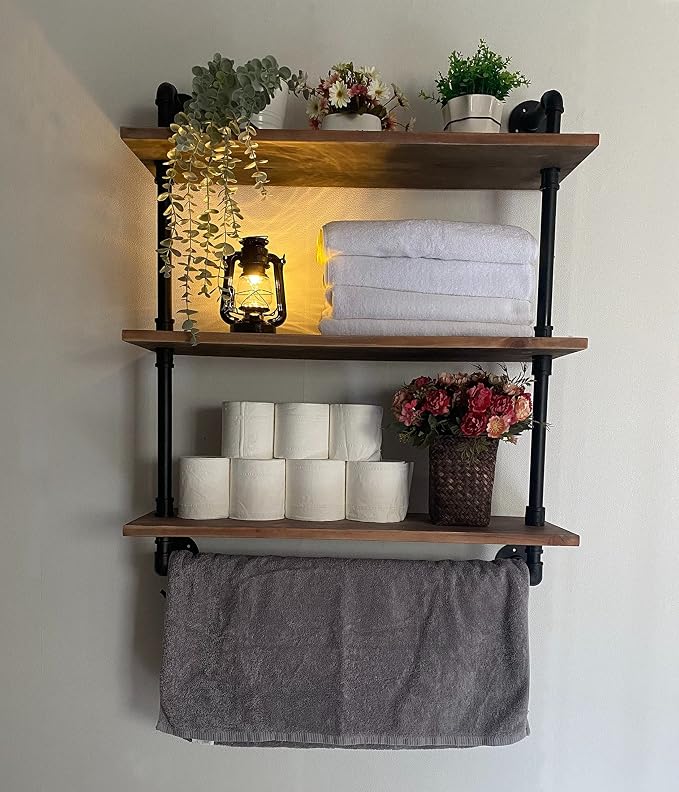 ROGMARS Industrial Floating Pipe Wall Shelves with Towel Rack 30 Inch | Industrial Pipe Shelving Rustic Coffee Bar Storage Wall Mounted Shelves For Living Room,Bathroom ,Kitchen,Laundry Room 3 Tier