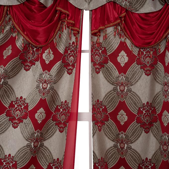 Petrichor Elegant Curtains with Gold Silver Threads 2 Panels Set - Luxury Window Treatment Attached Valance, Sheer Backing, and 2 Tie Backs for Bedroom and Living Room, 54x63 inches, Red