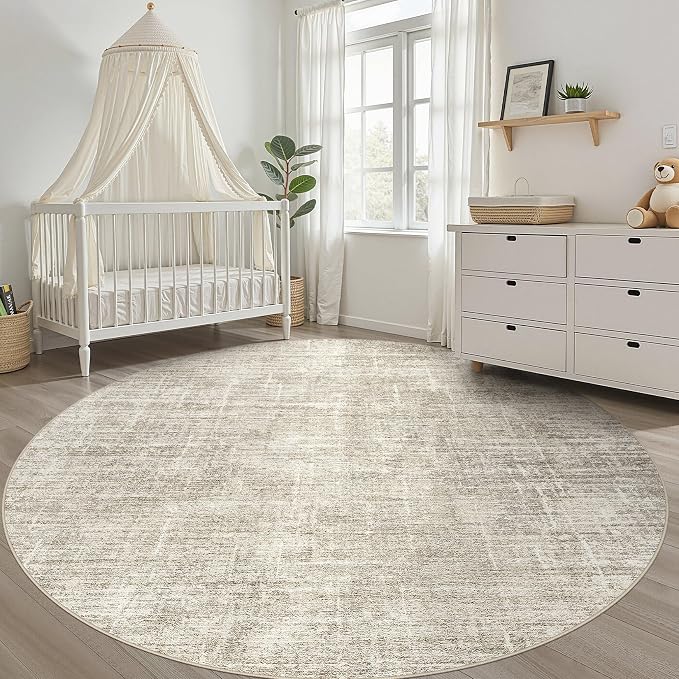 8ft Round Rug Living Room: 8x8 Washable Large Neutral Brown Circle Area Rug Abstract Soft Modern Stain Resistant Indoor Floor Non-Slip Carpet for Bedroom Nursery Kids Office Playroom Dining Room