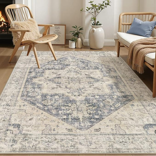 6x9 Area Rugs for Living Room - Large Carpet Ultra Thin Soft Washable Oriental Vintage Floral Distressed Big Indoor Carpets for Bedroom Nursery Dorm Home Decor Aesthetic - Blue Beige