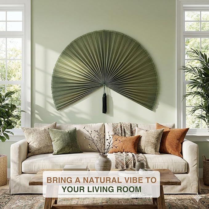 SUCHUBU Large Green Wall Fan Decor, 47" Handcrafted Bamboo Art, Japanese Style Hanging Fan, Vibrant Asian Wall Decor, Aesthetic Farmhouse Greenery Accent, Mounting Hook Included (Green, Large)