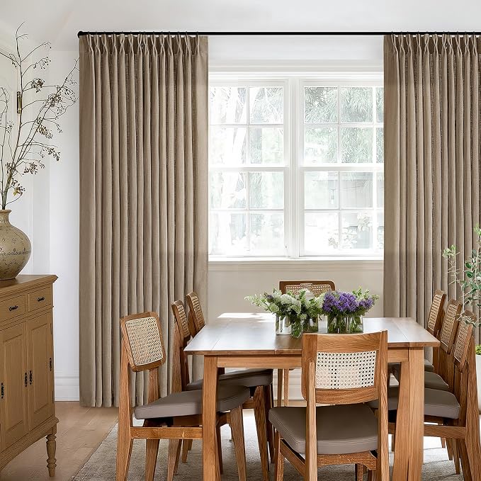 TWODRAPES Tan Brown Linen Pinch Pleated Curtains 2 Panels Living Room Bedroom Light Filtering Drapes 108 Inch Length Light Brown Latte Semi Sheer Memory Shape Trained Ceiling Floor Curtain