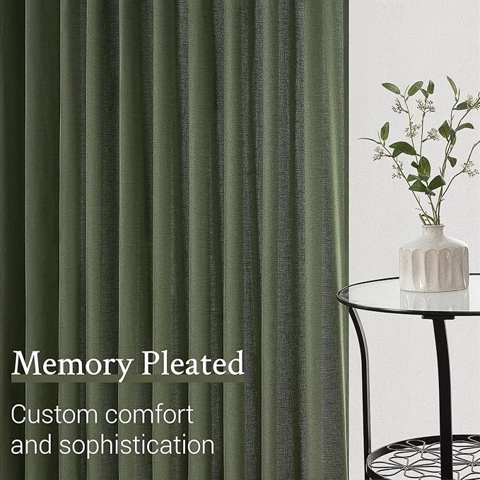 Topfinel Olive Green Pinch Pleated Curtains 108 Inch Length 1 Panels for Bedroom Living Room Textured Semi Sheer Window Curtain Boho Neutral Back Tab Pinch Pleat Drape with Hooks 108 Inches Long