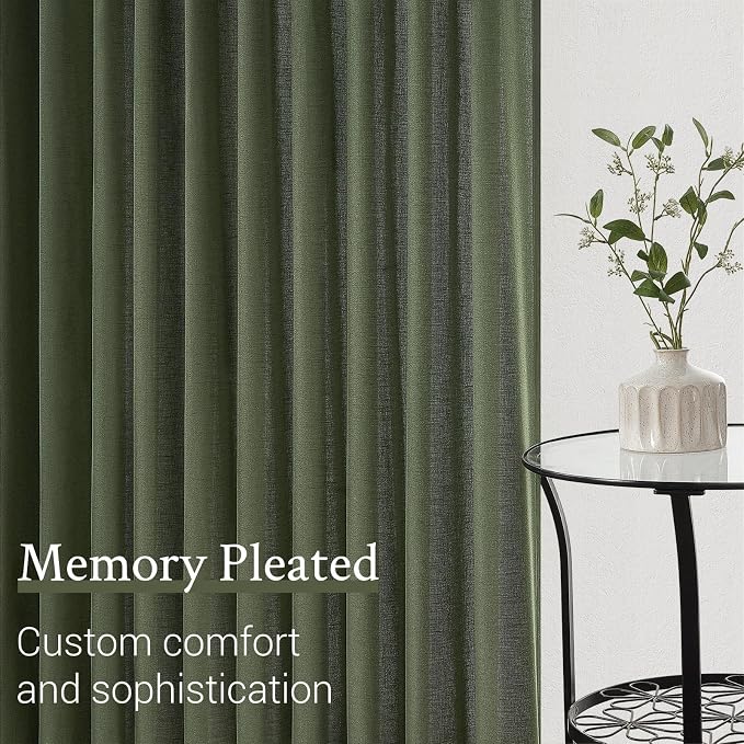 Topfinel 102 Inch Pinch Pleated Linen Curtains 1 Panels,Olive Green Semi Sheer Curtains with Pleated Hooks Back Tab for Track System,Extra Long 9ft Curtain for Living Room Bedroom,60x102