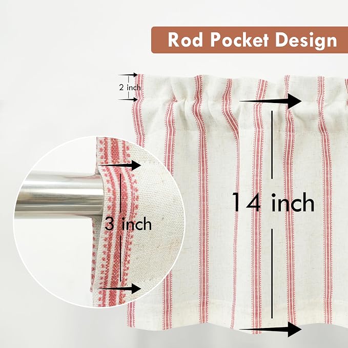 DriftAway Farmhouse Linen Lined Valance Double Layer Thermal Insulated Room Darkening Blackout Window Valances 3 Inch Rod Pocket Vertical Striped Kitchen Valance for Bathroom Single 52 x 14 Inch Red