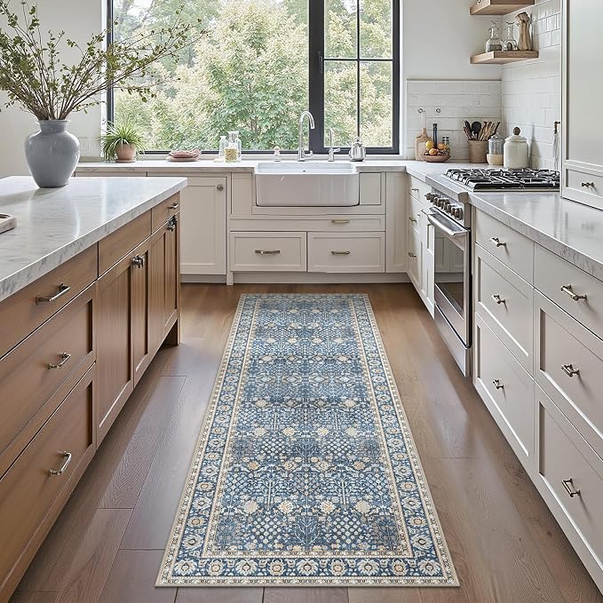 Bavni 2x6 Rug Runners for Hallways, Washable Runner Rug Non Slip,Vintage Floral Print Style Rugs for Bedroom-Lightweight Low Pile Carpet for Hallways Bathroom, Lake Blue