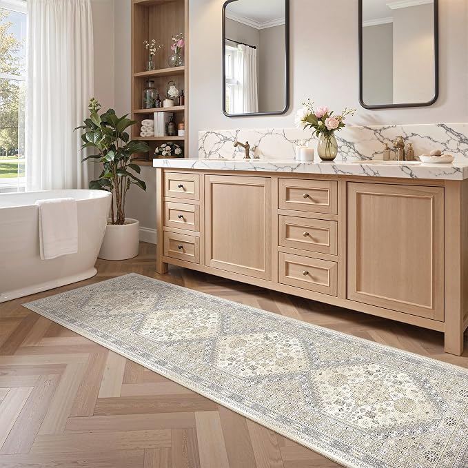 zesthome Rug Runners for Hallways Non Slip - 2x8 Runner Rug for Bedroom, Washable Runner with Rubber Backing, Soft Low-Pile Carpet for Kitchen, Laundry, Bathroom (Beige,2'x8')
