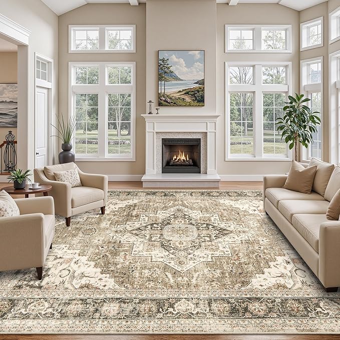 Roxstand Washable Rugs 9x12, Large Area Rugs 9x12 Living Room with Non-Slip Backing, Super-Soft Floral Vintage Rug, Low Pile Area Rug for Bedroom, Dining Room, Office (Brown/Beige, 9'x12')