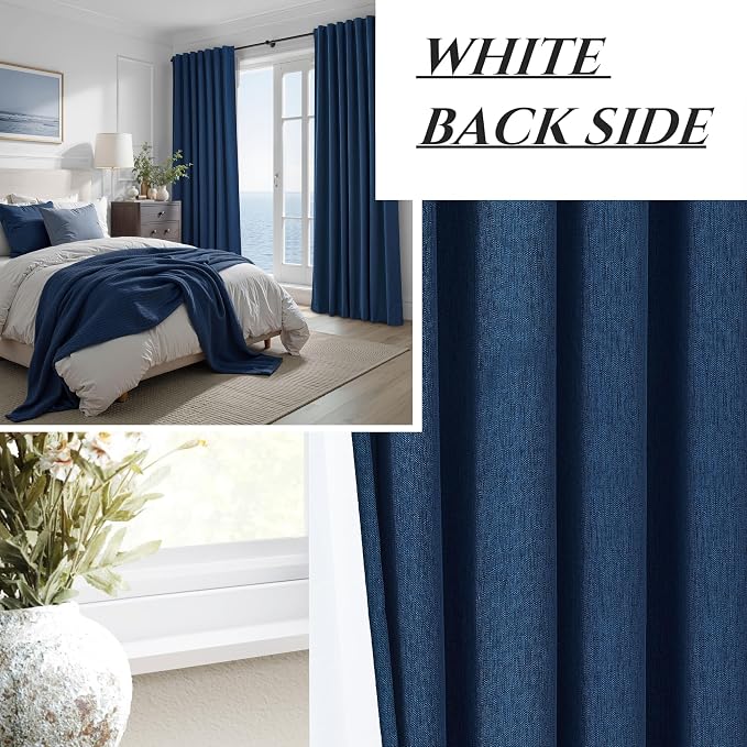 Navy Blue 100% Blackout Curtains 45 Inches Long 2 Panels Set, Kids/Boys Rooms Short Linen Drapes for 46 Inch Small Window Kitchen Bathroom Thermal Insulated Textured Hook Belt(W50"xL45" Dark Blue)