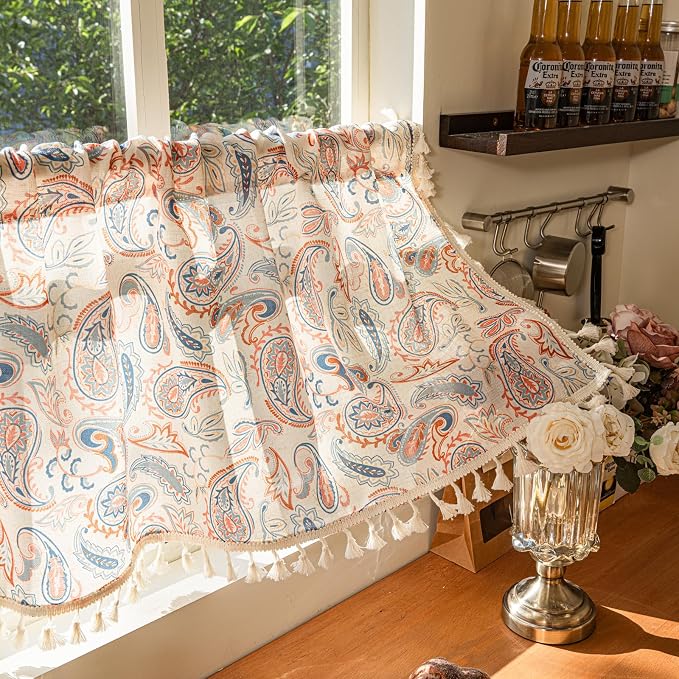 Deeprove Boho Valance 18 Inch Length, Colorful Bandana Terracotta Paisley Print Textured Kitchen Window Small Short Curtan for Cafe Bedroom Farmhouse Ethnic TrimTassel Style Privacy 1 Panel 52W x 18L