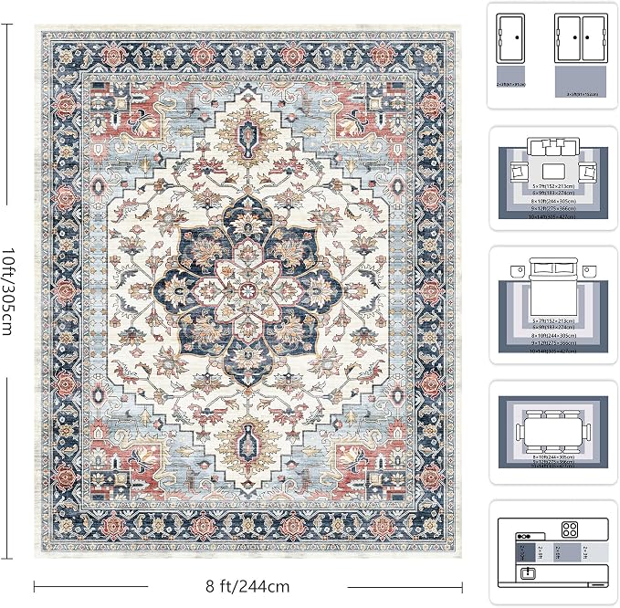 8x10 Area Rugs for Living Room - Washable Rug Vintage Distress Boho Medallion Rugs for Bedroom, Soft Non-Slip Backing Low Pile Carpet for Dining Room Office Nursery Home, Blue Beige Orange