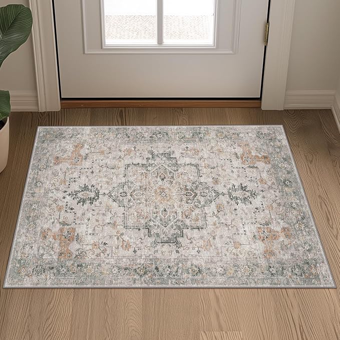 GENIMO Area Rug 20x32 inch Doormat, Machine Washable Low Pile Rugs, Small Retro Entryway Mat for Entrance, Hallway, Kitchen and Corridor, Light Taupe Brown