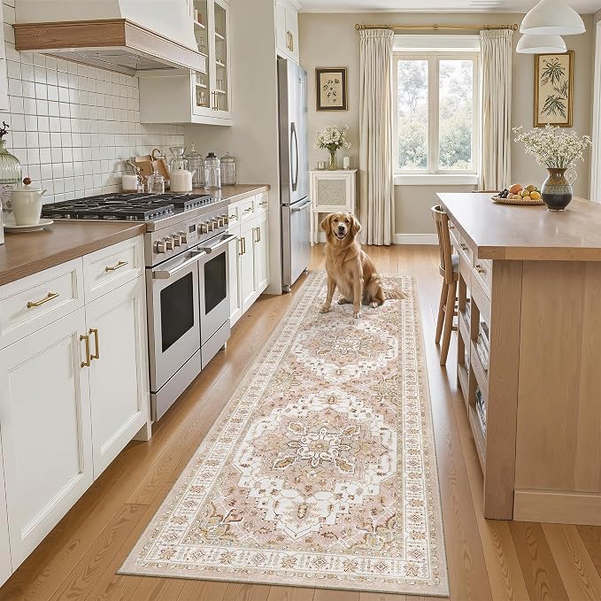 Madane Hallway Runner Rug 2x8 Washable Kitchen Rugs Non-Slip, Pink | Vintage Machine Washable Low-Pile Floor Carpet 8ft, Soft Ultra-Thin Throw Entry Foyer Mat for Entrance Laundry Living Room
