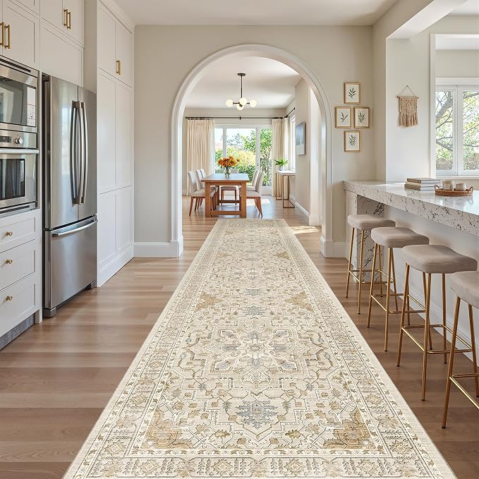 Madane Hallway Runner Rug 3x16 Washable Kitchen Runners Long, Beige/Blue | Vintage Non-Slip Wide Area Rugs 16ft for Entryway, Soft Thin Low-Pile Farmhouse Indoor Floor Carpet for Living Room Bedroom