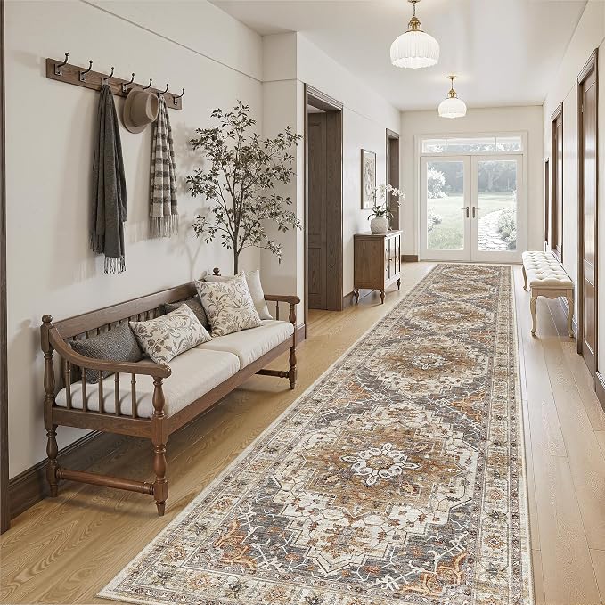 Madane Hallway Runner Rug 2'6''x16' Kitchen Runner - Non Slip Vintage Runners for Hallways Washable Soft Low Pile 2.5x16 ft Rug Runner for Laundry Room, Entryway and Bedroom, Turmeric/Grey